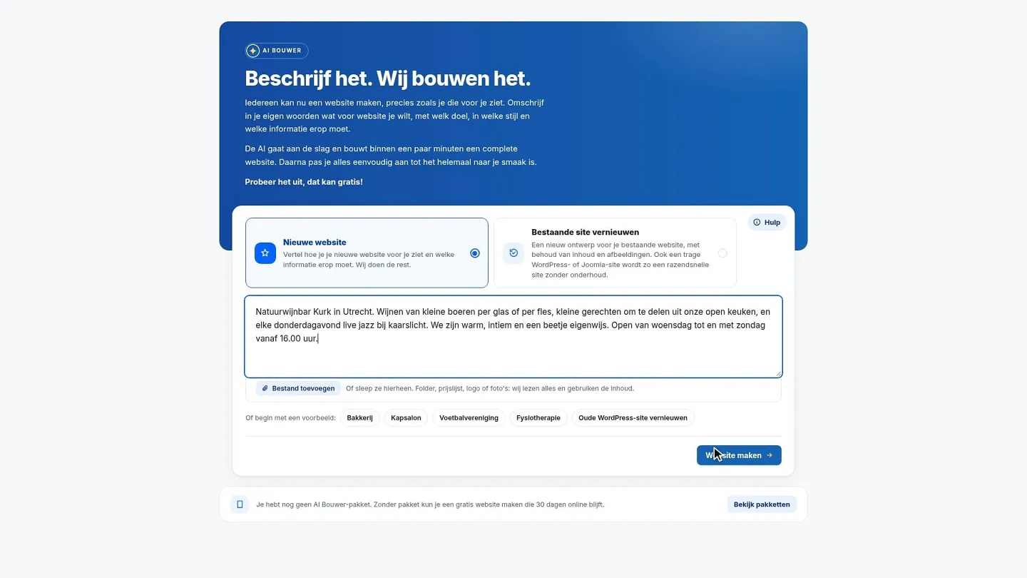 Startskjermen i AI Builder: under Nytt nettsted står beskrivelsen av en naturvinbar i Utrecht, med knappen for å lage nettstedet nede til høyre.