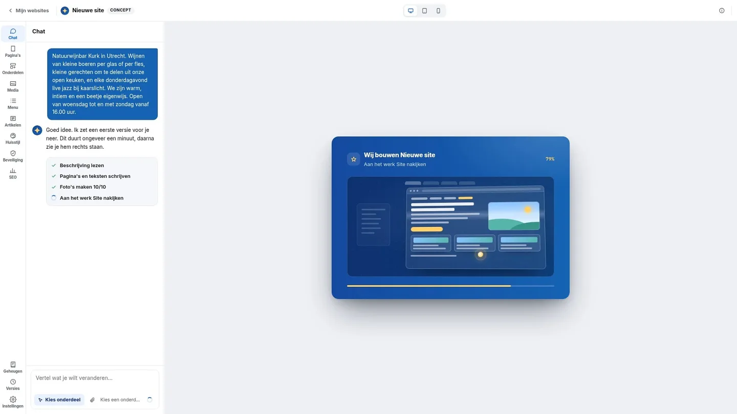 AI Builder bygger nettstedet: til venstre krysser chatten av stegene, til høyre fylles en fremdriftslinje.