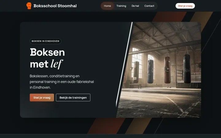 Forsiden til Boksschool Stoomhal, et eksempelnettsted laget med WebOké AI Builder